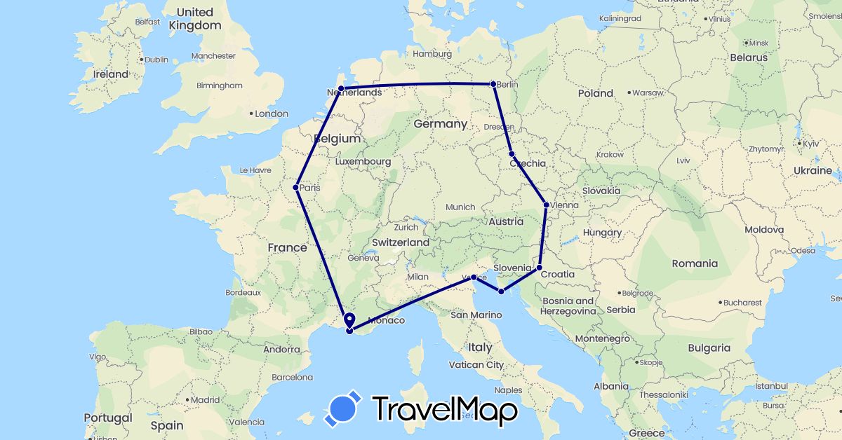 TravelMap itinerary: driving in Austria, Czech Republic, Germany, France, Croatia, Italy, Netherlands (Europe)